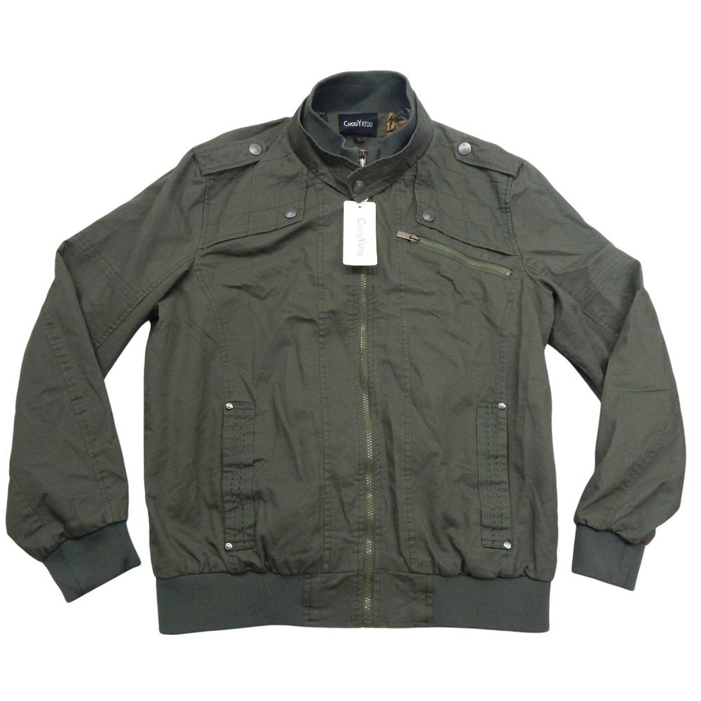 Mens Casual Military Jacket Stand Collar Zipper Pocket Cargo Jacket Army Green L